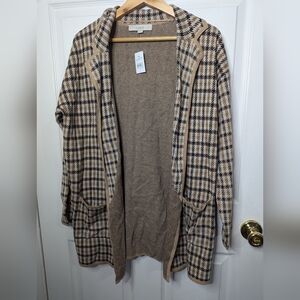 New Loft Womens Sweater Brown Herringbone Cardigan 100% Cotton Size Medium NWT